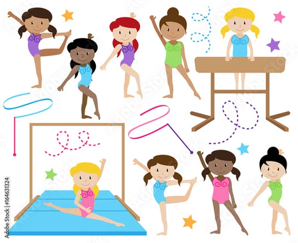 Obraz Vector Collection of Cute Female Gymnasts or Dancers of Different Ethnicities