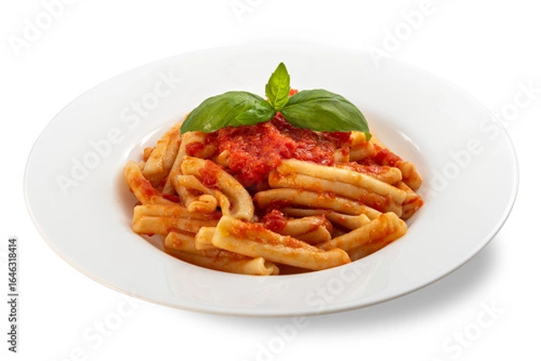 Fototapeta Caserecce Italian macaroni pasta topped with red tomato sauce and fresh basil leaves on a white plate isolated