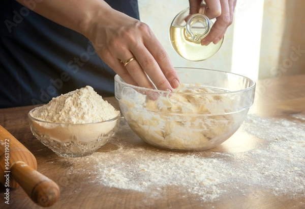Fototapeta Close-up of female hands adding oil to the dough, on the background of flour and a rolling pin, the concept of home baking.