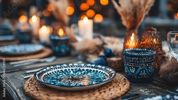 Fototapeta Rustic dining table setting with patterned plates and candles.
