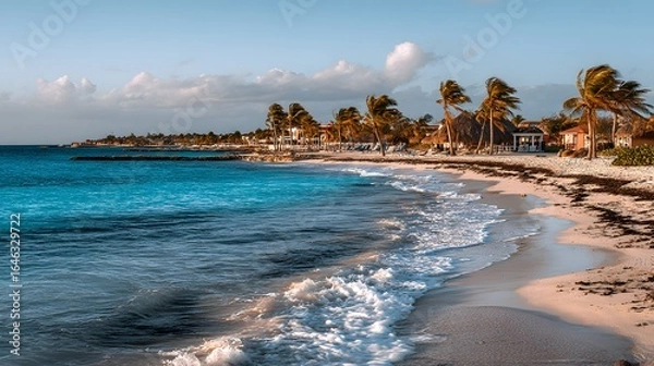 Fototapeta Tranquil beachfront scene with azure water and palm trees.
