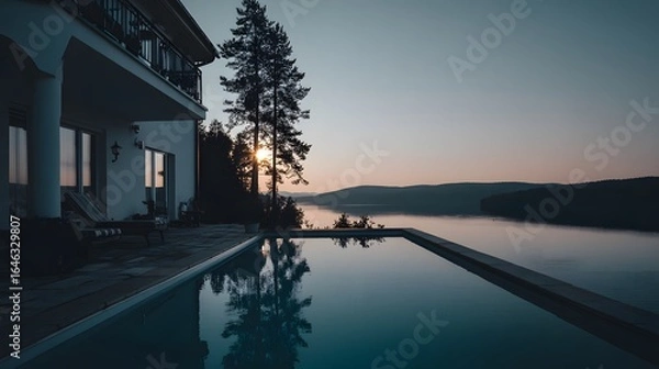 Fototapeta Luxurious villa with a pool overlooking a serene lake at sunrise.