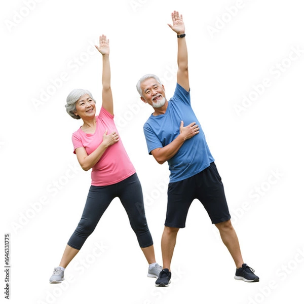 Fototapeta Active Senior Couple Performing a Side Stretch Exercise Together, Promoting Healthy Aging and Wellness