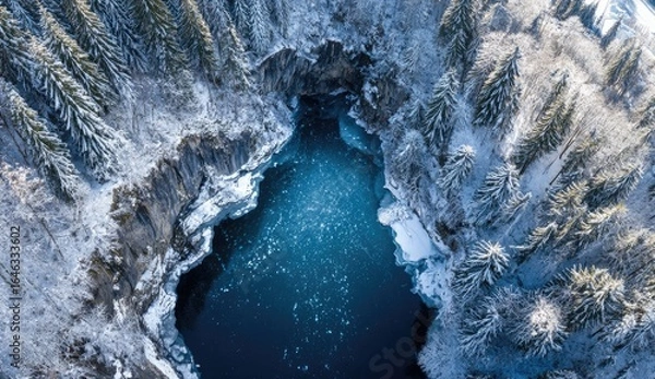 Obraz Aerial view of a deep, snow-covered gorge with a dark blue, icy pool at its center, surrounded by evergreen trees