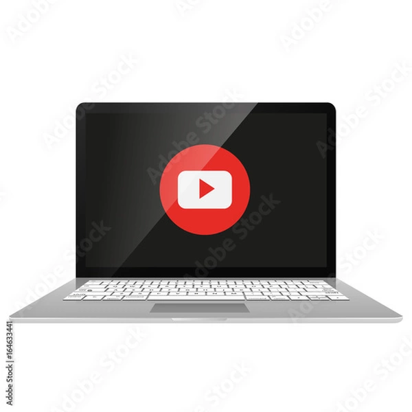 Fototapeta Realistic modern laptop isolated. Video player template. Vector illustration. Laptop click by digital arrow view internet online video player. Youtube channel