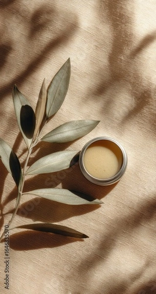 Obraz Overhead shot of a small tin of pale yellow balm beside an olive branch, cast in dappled sunlight on a light wood surface