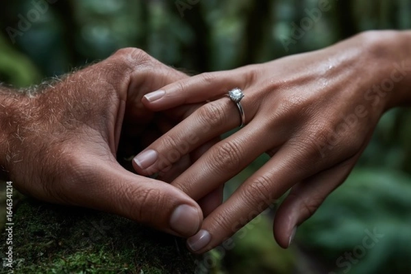 Fototapeta Close-up of two hands, one adorned with a sparkling engagement ring, gently touching in a lush green forest, symbolizing love and connection in nature's embrace