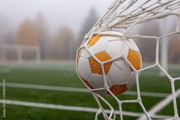 Fototapeta Soccer ball caught in the net of a goalpost on a foggy day, showcasing the vibrant colors and textures of the ball, with a blurred field in the background