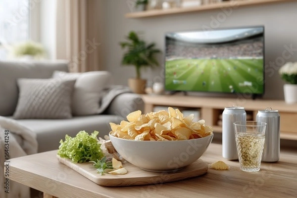 Fototapeta Bowl of crispy potato chips on wooden table with fresh lettuce, soft drinks, and a television showing a sports game in a cozy living room setting for entertainment