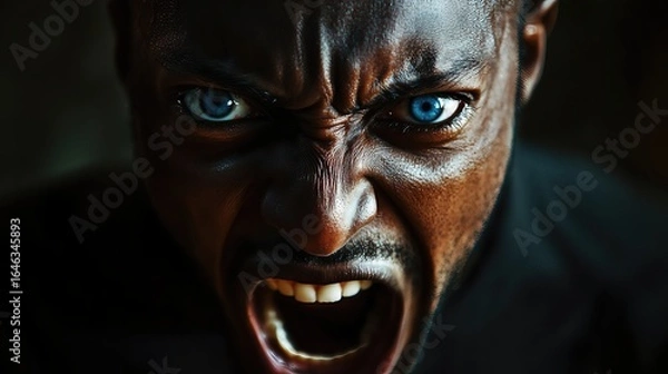 Fototapeta Close-Up Portrait of Angry black Man Screaming with Striking Blue Eyes, Dark Skin and Powerful Expression of Rage and Frustration