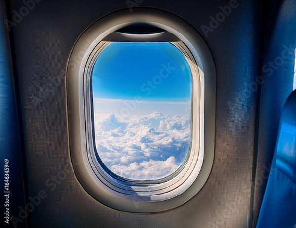Obraz View from Airplane Window with Clouds and Blue Sky