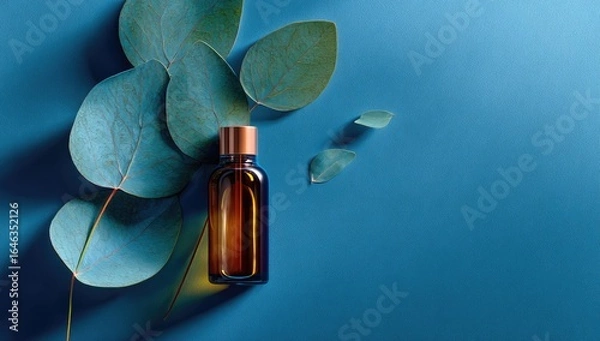 Fototapeta Amber glass bottle of essential oil, copper lid, rests on a vibrant blue background adorned with eucalyptus leaves, casting a subtle shadow