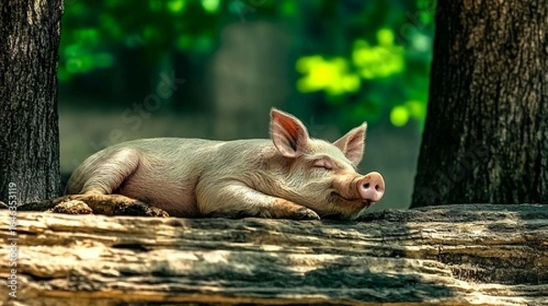 Fototapeta Piglet Sleeping on Log