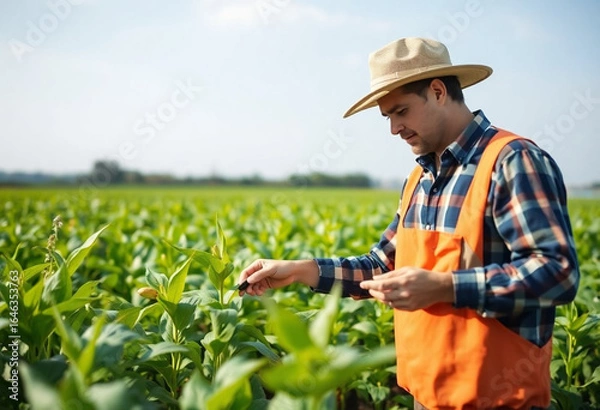 Fototapeta Campo de plantação com um fazendeiro olhando as plantas.
