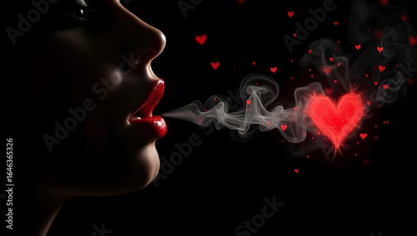 Fototapeta Sensual Woman Exhaling Smoke Heart; Romantic, Dark, Valentine's Day Concept