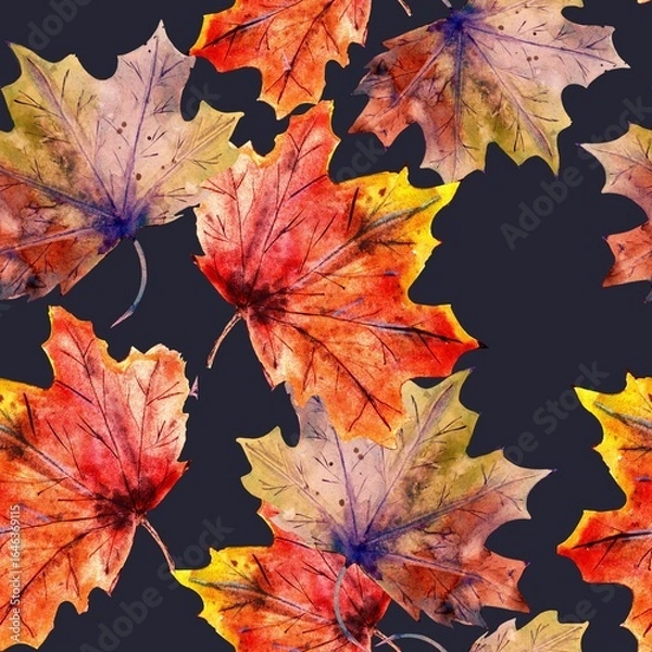 Fototapeta Seamless pattern with autumn leaves on a background of wet asphalt color. For coloring fabric, wallpaper, wrapping paper and much more.

