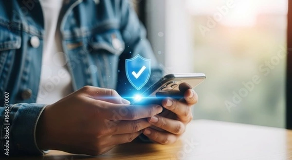 Fototapeta Person holding a smartphone with a glowing digital shield and checkmark symbolizing data protection and security