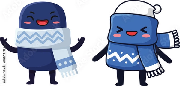 Obraz Two happy blue winter characters wearing scarves and a hat in cute cartoon style vector illustration 