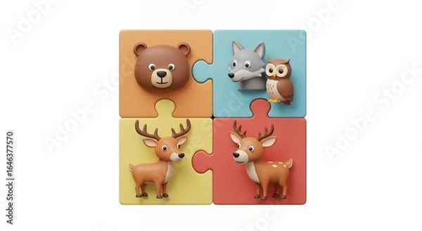 Fototapeta Colorful puzzle pieces with woodland animal figures