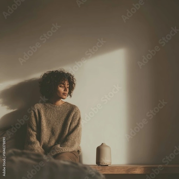 Obraz A serene moment featuring a woman in a cozy sweater, sitting peacefully in a softly lit room, with an essential oil diffuser nearby.