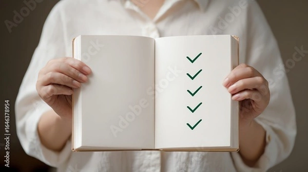 Obraz A person holds an open book with checkmarks on a blank page, symbolizing tasks completed or goals achieved.