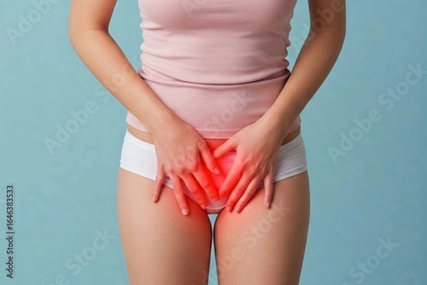 Fototapeta Woman with hands on lower abdomen, red glow highlighting pelvic pain. Suitable for health and medical content.