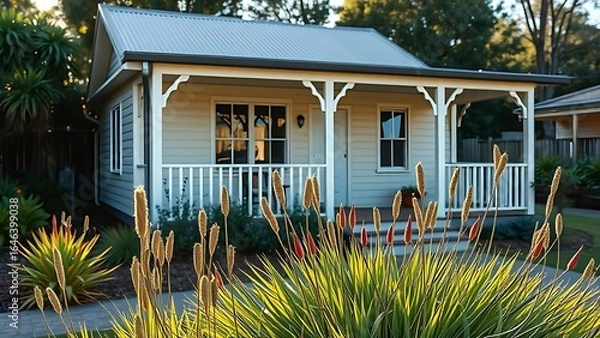 Obraz A cozy cottage with a veranda, surrounded by native plants in a peaceful residential setting.