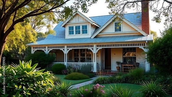 Obraz A charming suburban home bathed in afternoon sunlight with a lush garden.