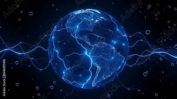 Obraz Earth's magnetic field depicted as luminous blue veins, pulsing alongside floating oxygen bubbles.