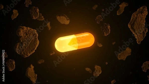 Obraz A solitary radiant vitamin capsule adrift in space, encircled by asteroid-like fragments of meat.