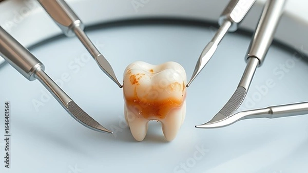 Obraz Dental tools in protective circle around aging tooth under clinical light