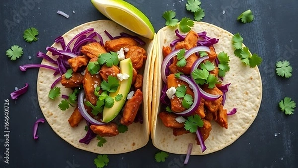 Obraz Flat lay of Mexican street tacos with pork, avocado, and fresh toppings, arranged for visual appeal.