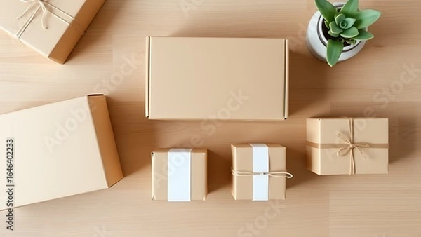 Obraz Minimalist arrangement of package boxes on wood, showcasing a clean e-commerce concept.