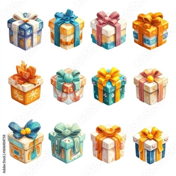 Fototapeta Twelve stylized gift boxes, various colors and patterns.  Each box features a ribbon bow