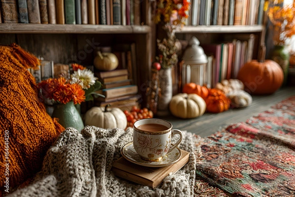 Fototapeta Autumn cozy mood. Fall cozy reading nook with a blanket, bookshelf filled with autumn-themed books, and a cup of tea or hot chocolate.