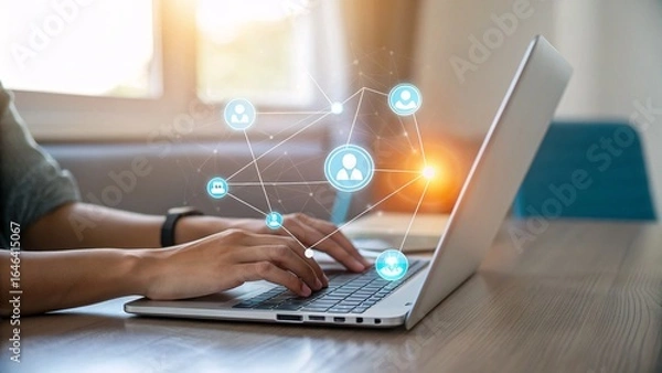 Fototapeta Stay connected with clients using modern social media network on laptop in home office
