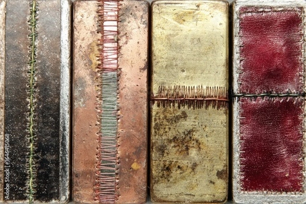 Fototapeta Close-up of four vintage, rectangular cigarette lighters, showing their aged, textured metal and fabric covers.  A vertical seam or wire runs through the center of each