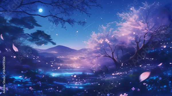 Obraz 桜 さくら 木 月 月光 よる 夜 夜桜 はる 春 日本 アニメ风 背景 壁紙