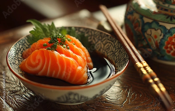 Fototapeta Closeup of Salmon Sashimi in a Bowl with Soy Sauce and Chopsticks
