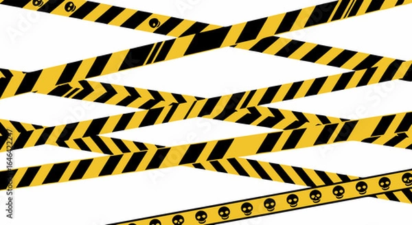 Fototapeta Crisscrossing yellow and black striped hazard tapes with skull symbols creating a barrier on a white background.