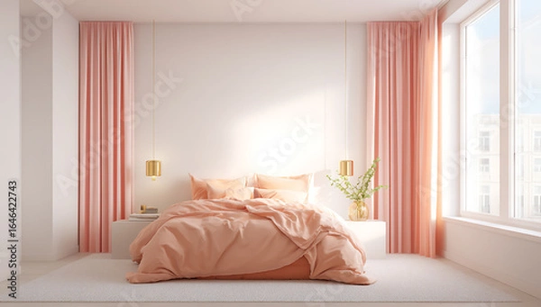 Fototapeta Cozy bedroom with soft pink bedding and natural light streaming through large windows