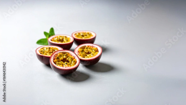 Fototapeta Passion fruit halves with vibrant pulp on light gray surface.