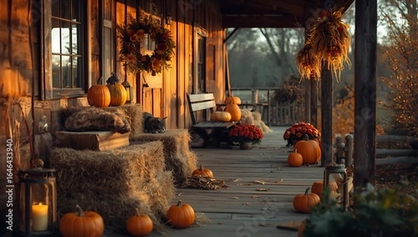 Fototapeta A rustic porch decorated for fall with pumpkins, hay bales, wreaths, and a cat resting on the hay