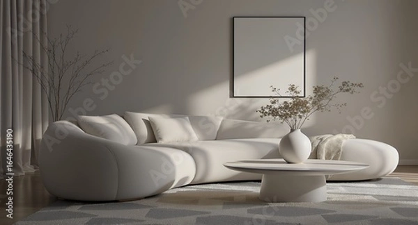 Fototapeta Modern Minimalist Living Room Design Curved Sofa, White Decor Sunlit Elegance
