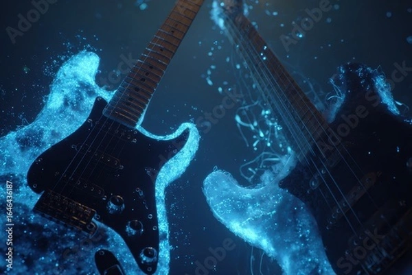 Obraz Abstract Music Visualization Electric Guitars Glowing Blue Particles Dark Background