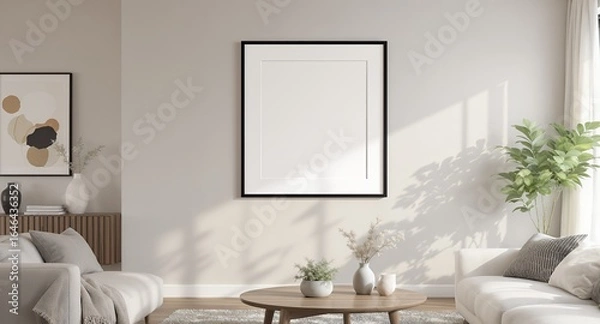 Fototapeta Modern Minimalist Living Room Mockup Large Frame, Neutral Decor, Sunlit Space