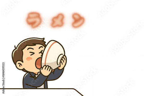 Fototapeta スープを最後まで飲み干すミニキャラ男性客のイラスト