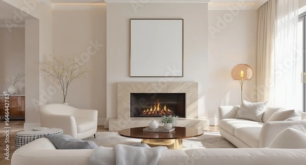 Fototapeta Modern Living Room Design Fireplace, Sofa, Elegant Decor