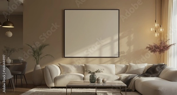Fototapeta Modern Living Room Mockup Large Blank Canvas Wall Art Neutral Decor