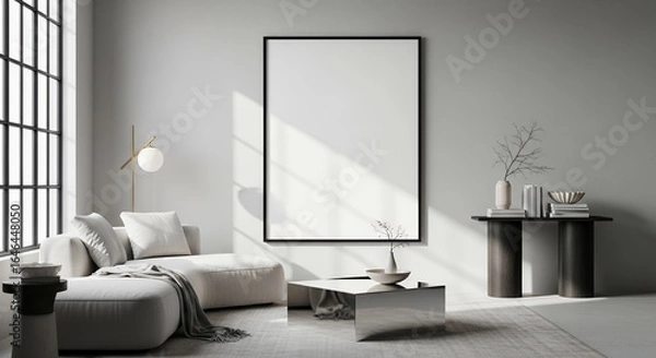 Fototapeta Modern Minimalist Living Room Design with Large Blank Canvas for Artwork or Advertisement